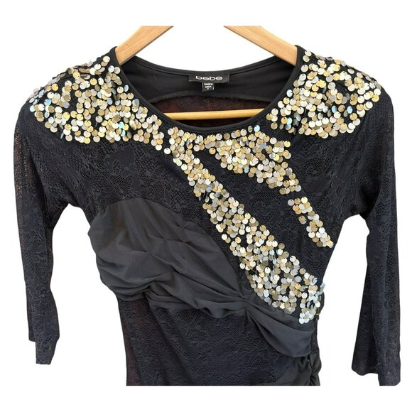 Vintage Y2K Bebe Black Gold Lace Sequin Asymmetrical Top Sz S Whimsigoth Festive - Picture 2 of 5